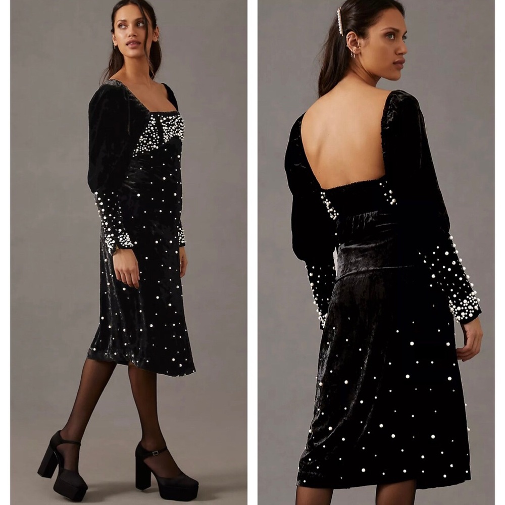 Anthropologie Maeve Pearl Beaded Embellished Velvet Juliet Sleeves Midi Dress XS
